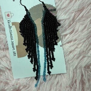 Black & Blue Beaded Fringe Earrings | Long Statement Fringe